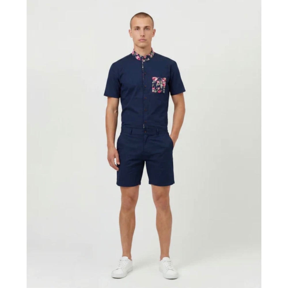 RomperJack Mens Navy Blue Floral Trim Short Sleeve Romper Jumpsuit Size‎ Medium